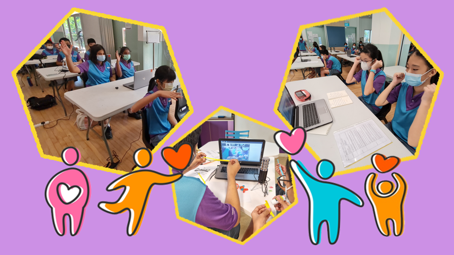 Three photos of masked students in school uniforms at tables with laptops, surrounded by colorful cartoon figures with hearts.